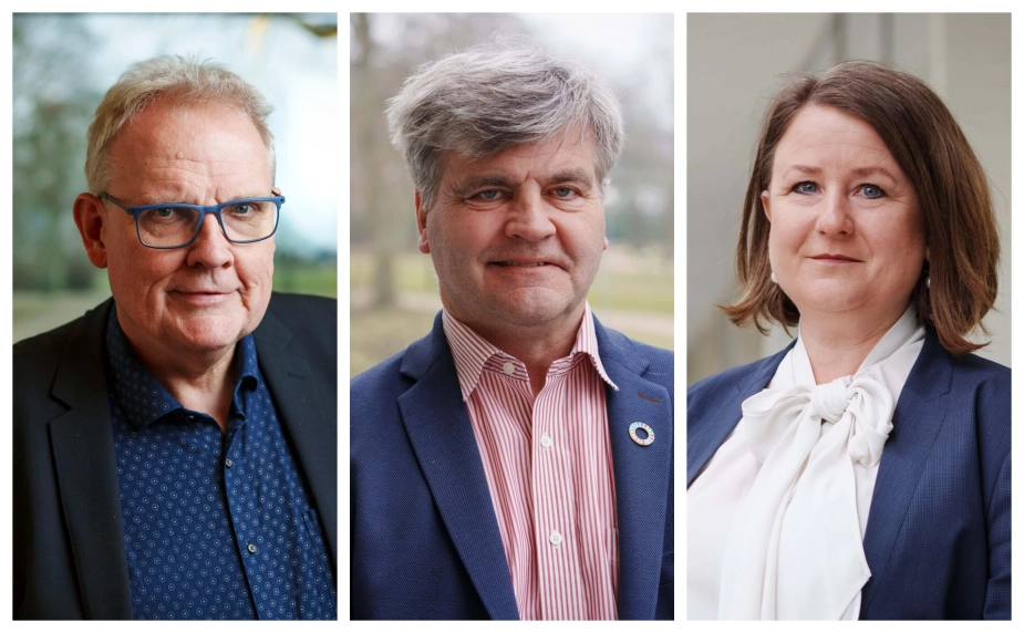 Borgmestrene Steen Christiansen (S), t.v., Thomas Lykke Pedersen (S) og Merete Amdisen (S) fra henholdsvis Albertslund, Fredensborg og Ishøj kommuner forholder sig til renteudviklingen fra 2020 til 2023.