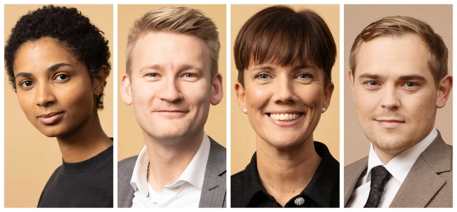 Kommunalordførere, der bakker op om en høring i Folketinget om en analyse af tilskuds- og udligningssystemet med fokus på indhold i kommissoriet. Fra venstre Christina Olumeko (ALT), Peter Kofod (DF), Theresa Berg Andersen (SF) og Carl Andersen (LA).