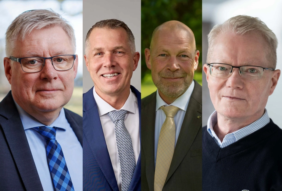 Langelands borgmester Jørgen Nielsen (K) frygter historisk store besparelser, mens borgmestre i Hjørring, Læsø og Vordingborg efterlyser flere penge i særtilskud. Fra venstre: Borgmestre Søren Smalbro, Michael Seiding Larsen, Jørgen Nielsen og Niels Odgaard.