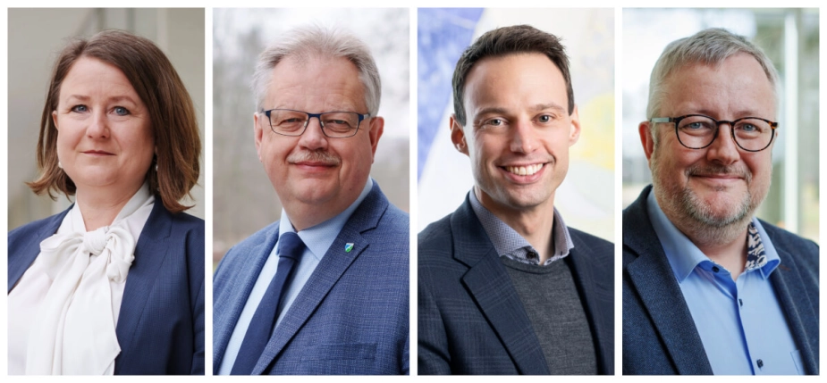 Borgmestrene savner, at centraladministrationen også tager hul på besparelser på administrationen. Fra venstre Merete Amidsen (S) i Ishøj, Mogens Gade (V) fra Jammerbugt, Anders Wolf Andresen (SF) fra Hvidovre og Søren Steen Andersen (V) fra Assens.