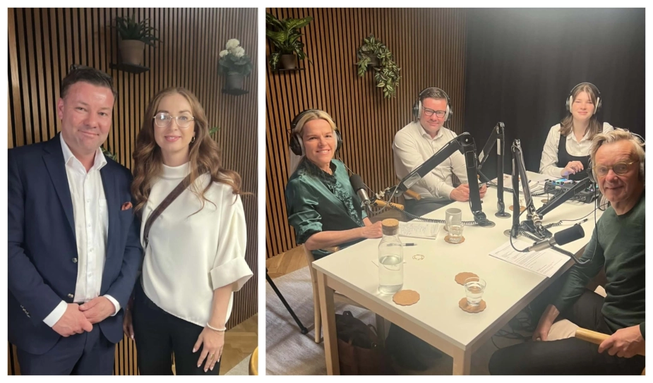 På billedet til venstre ses Søren Dinesen, administrerende direktør for Carelink Gruppen, sammen med Samira Nawa, beskæftigelsesordfører for Radikale Venstre, efter episoden "Den svære ungdom", som omhandler de 42.000 unge, der står uden for beskæftigelse og uddannelse.
På billedet til højre ses ældreminister Mette Kierkgaard (M) sammen med Søren Dinesen og podcastvært Poul Madsen i en samtale om "Ensomhedsepidemien blandt ældre", hvor mere end 100.000 ældre oplever svær ensomhed.