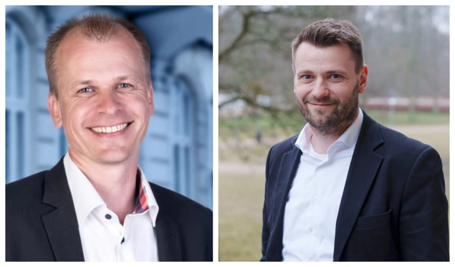 Borgmestrene på Djursland - Norddjurs Kommunes Kasper Bjerregaard (V, tv.) og Michael Stegger Jensen (S, th.) fra Syddjurs - har fået alle byrådenes partier med budgetaftalerne for 2025.