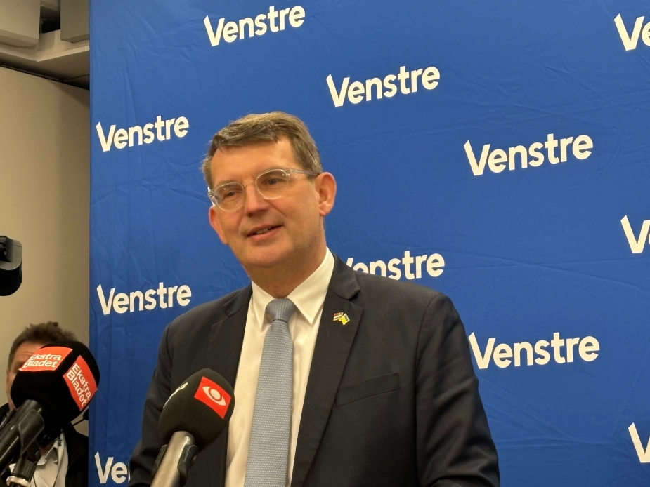 Forsvarsminister og partiformand Troels Lund Poulsen (V) til pressemøde på Venstres landsmøde lørdag.