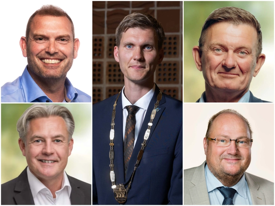 I fem kommuner har borgmesterposten de seneste dage skiftet hænder, efter at konstitueringsaftaler er faldet fra hinanden. Fra venstre: Borgmester i Middelfart Anders Møllegård (V), borgmester i Ringkøbing-Skjern Lennart Qvist (K), borgmester i Aalborg Lasse Frimand Jensen (S), borgmester i Lemvig Jens Lønberg (K) og borgmester i Slagelse Henrik Brodersen (DF).