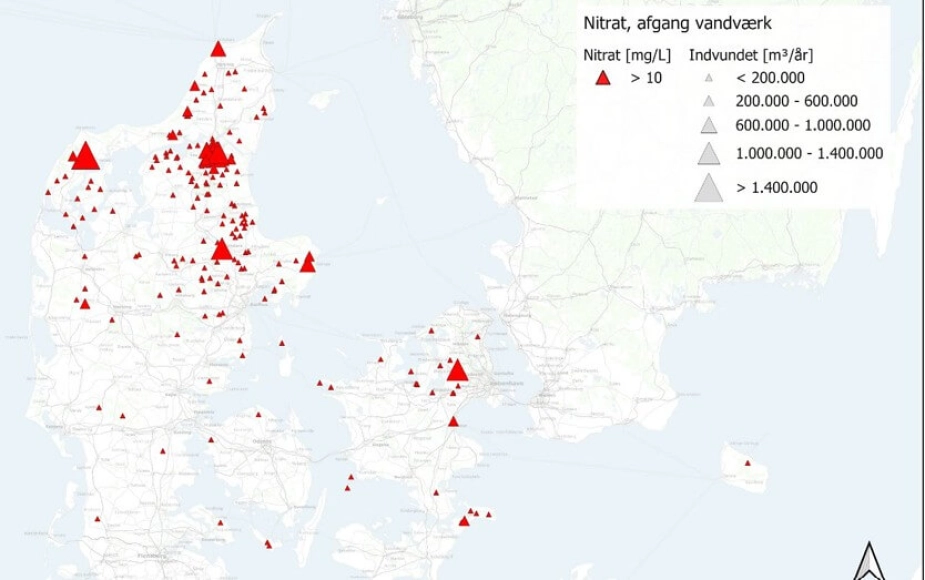 Kortet viser, hvor i landet der findes vandværker, som i 2023 ikke kunne leve op til en kravværdi for nitrat i drikkevandet på 10 milligram per liter. Sundhedsfaglige eksperter anbefaler at sænke grænseværdien fra 50 til 6 mg/l.