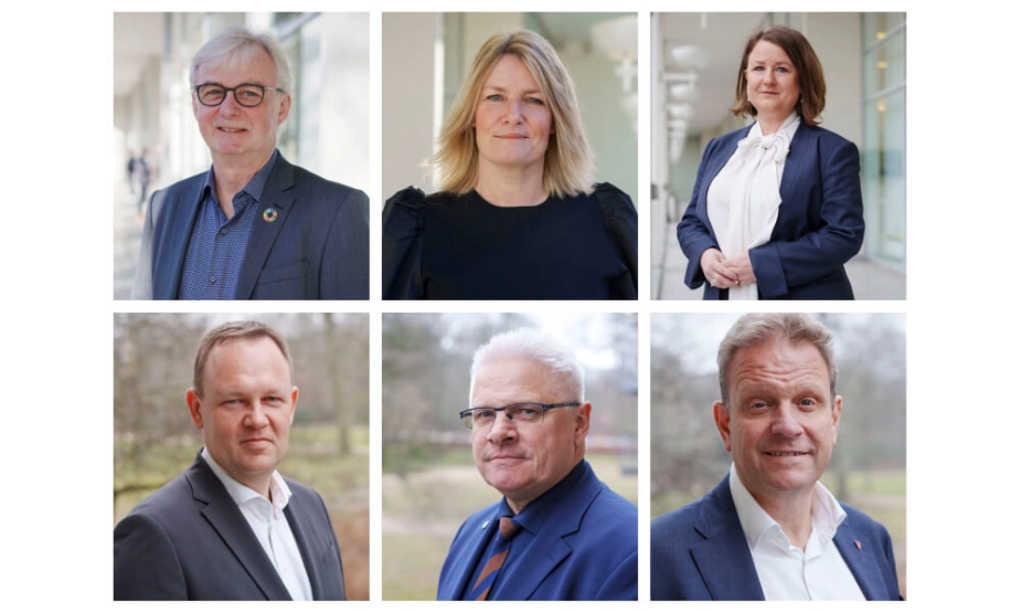 Borgmestre: Øverst fra venstre Tonni Hansen (SF) fra Langeland, Birgit S. Hansen (S) fra Frederikshavn, Merete Amdisen (S) fra Ishøj, Jesper Frost (V) fra Esbjerg, Frank Schmidt-Hansen (K) fra Vejen og Morten Slotved (K) fra Hørsholm.