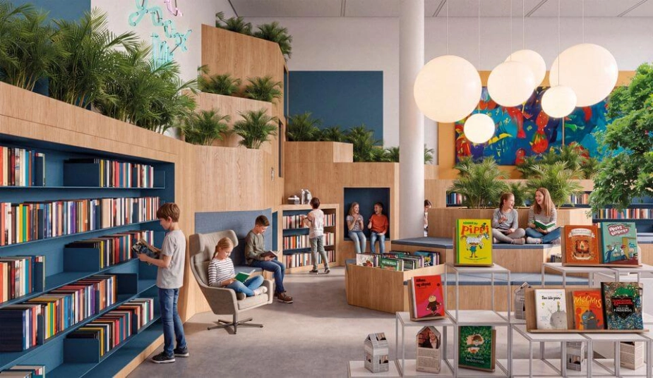 Indretningsforslag til det nye børne- og ungebibliotek på Frederiksberg.