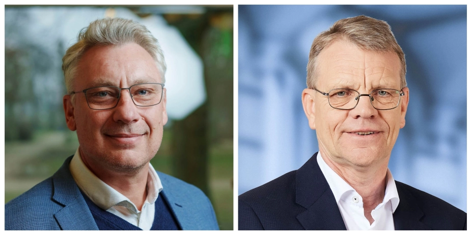 Holger Schou Rasmussen (S), t.v., borgmester i Lolland Kommune og Mikael Klitgaard (V) som er borgmester i Brønderslev forklarer, hvorfor de år efter år går under servicerammen.