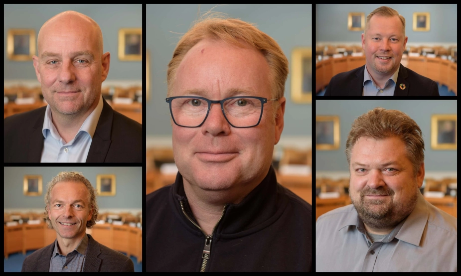 Erik Bo Andersen (i midten) har anmeldt sine byrådskollegaer til politiet for brud på tavshedspligten efter at en sag mod Peter Møller Kjeldsen (th.) blev offentlig kendt. Viceborgmester Claus Berggren (øverst tv.) og løsgænger Daniel Madié (nederst tv.) mener, at det kan have en negativ påvirkning på samarbejdet i byrådet. Socialdemokratiets Christian Engelbrecht (øverst th.) kalder sagen the talk of the town.