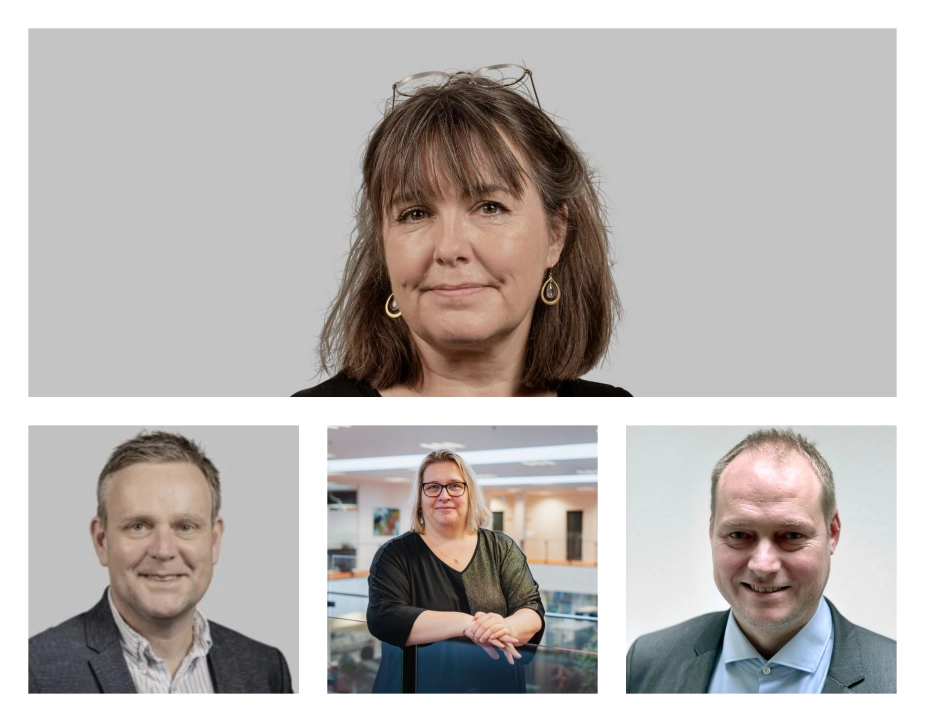 Det midlertidige direktionshold i Varde Kommune. Øverst: Karoline Klaksvig, kommunaldirektør. Fra Venstre: Hans Peter Due, Plan og Teknik, Kirsten Bank Olstrøm, Social og Sundhed og Kim Bondesen Nielsen, Børn, Læring og Job.