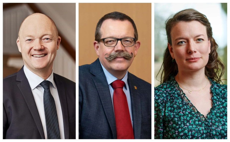 De tre borgmestre Jens Ejner Christensen (V) fra Vejle (t.v.), Christian Bro (S) fra Fredericia og Stephanie Storbank (V) fra Billund har alle brugt over gennemsnittet på anlæg per borger i perioden 2021 til 2023 på grund af blandt andet infrastruktur.