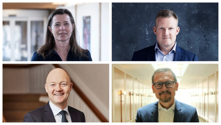 De fire debatdeltagere bliver fra øverst til venstre og med uret kommunaldirektør Kristina Koch Sloth fra Vordingborg, cheføkonom og direktør i KL Morten Mandøe, borgmester i Vejle Jens Ejner Christensen (V) og formand for ØDF samt økonomidirektør i Aarhus Kommune Eddie Dydensborg.