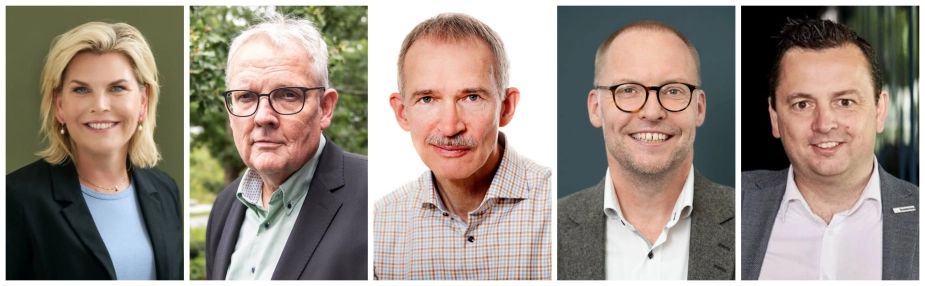 De kommende måneder vil følgende debattører gøre os klogere på kommissoriet og den kommende udligningsanalyse, som regeringen har varslet. Fra venstre Pernille Beckmann (V), borgmester i Greve, Steen Christiansen (S), borgmester i Albertslund, Niels Jørgen Mau, projektchef fra VIVE, Thomas Møller Palner, økonomidirektør i Hedensted og Skanderborgs borgmester Frands Fischer (S).