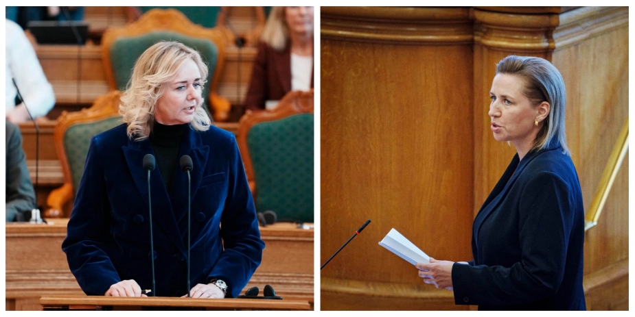 Partiformand Mona Juul (K), t.v. foreslog tirsdag eftermiddag statsminister Mette Frederiksen (S) at se på kommunernes anlægslofter i forbindelse med klimasikring og beredskab.