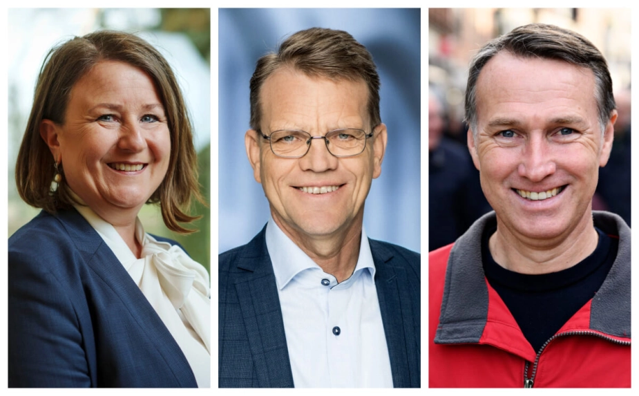 Borgmestrene Merete Amdisen (S) fra Ishøj, Mikael Klitgaard (V) fra Brønderslev og Carsten Rasmussen (S), t.h. fra Næstved er glade for, at regeringen kom med et ekstra finansieringstilskud, så de kan undgå store besparelser i 2025.