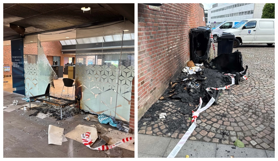 Sådan ser det ud foran rådhuset og i rådhusets forhal efter branden.