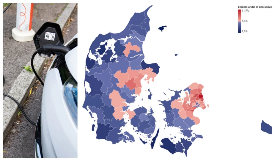 Koncentrationen af elbiler er størst omkring hovedstaden og i Østjylland. På landsniveau har elbilejerne fået bedre lademuligheder, da antallet af ladepunkter per elbil blev forøget i 2023.