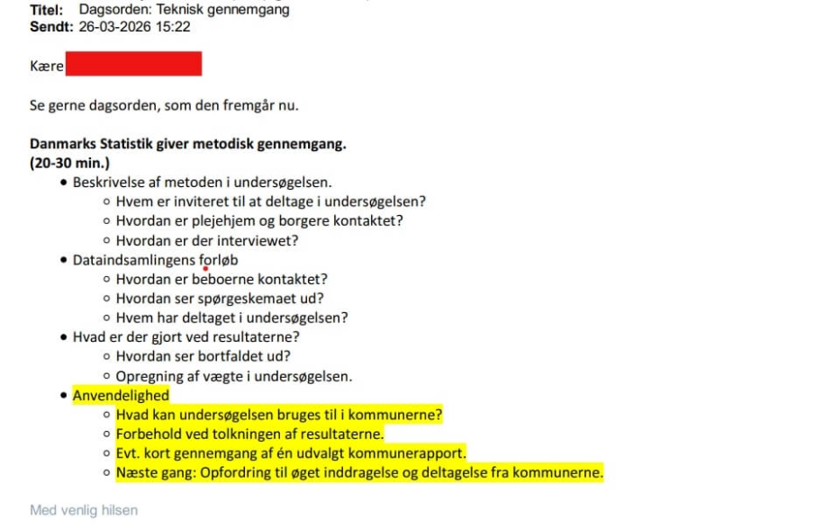 I en mail fra Ældreministeriet til Danmarks Statistik beskrives den foreløbige dagsordenen for Ældreministeriets planlagte møde for kommunerne omkring datagrundlaget i plejehjemsundersøgelsen.