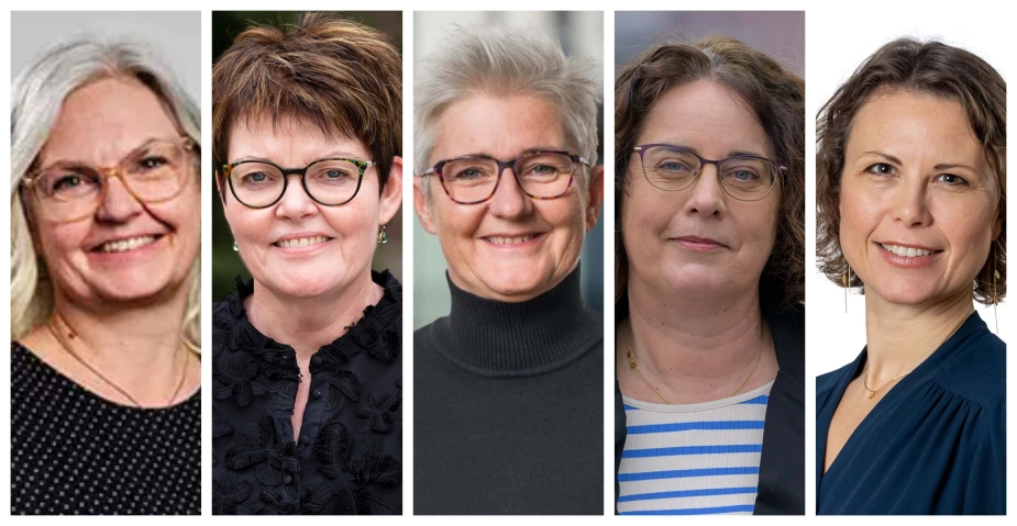 Fra venstre: Anja Toft Bach, chef for Sundhed og Omsorg i Ringkøbing-Skjern Kommune, Annette Lund, senior-, sundheds- og fritidsdirektør i Kolding Kommune, Else Zippor, direktør for Voksne i Billund Kommune, Gry Segoli, lektor Københavns Professionshøjskole og Sara Lei Sparre, seniorforsker hos Vive.
