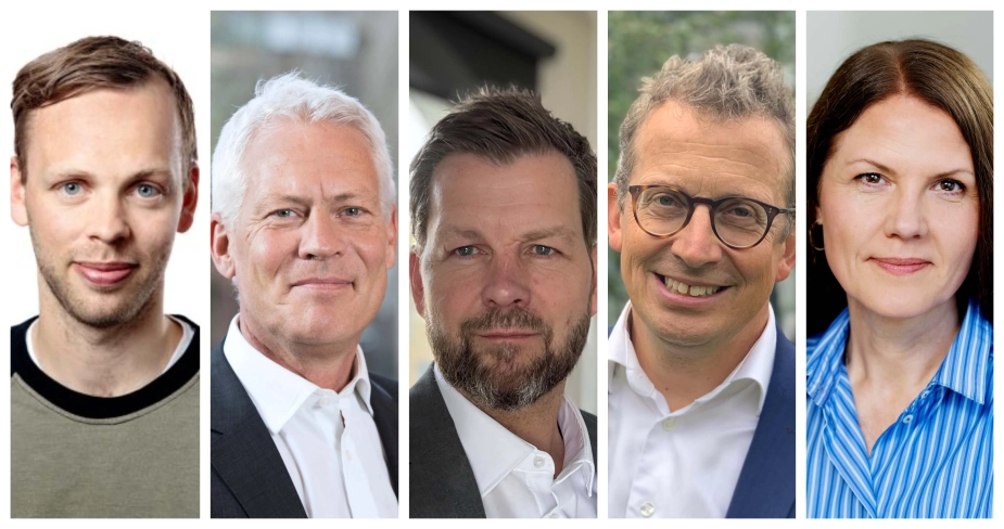 Fra venstre: Søren Kjær Foged, chefanalytiker Vive, Jesper Fisker, formand for sundhedsstrukturkommissionen, Michael Bjørn, direktør i Assens Kommune, Jan Dehn, direktør i Hørsholm Kommune og Karen Nørskov Toke, direktør i Københavns Kommune.