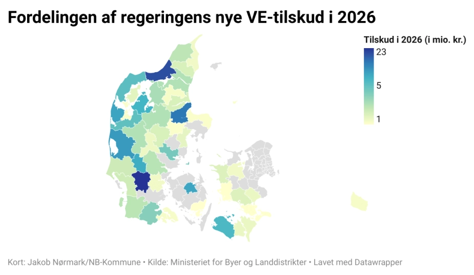De 200 millioner kroner fordeles til 44 kommuner - halvdelen afhænger af nytilsluttede VE-anlæg i 2024, mens resten afhænger af, hvor meget strøm de allerede etablerede anlæg producerede sidste år.