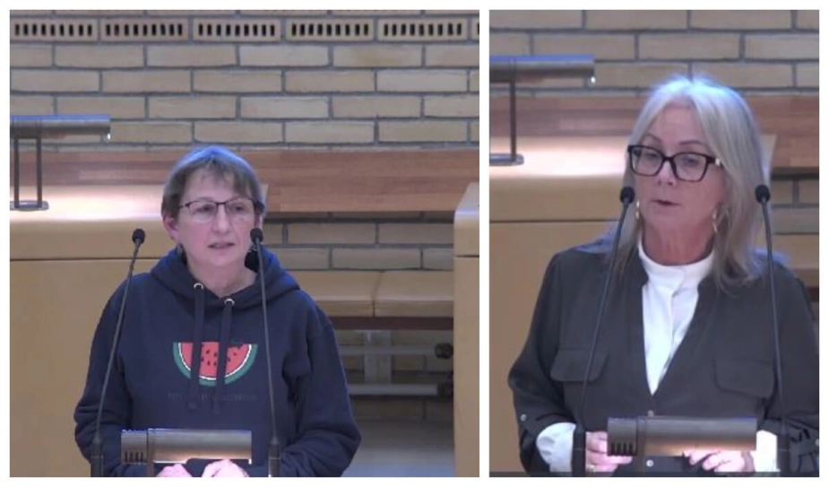 Trine Henriksen (tv.) fra Enhedslisten bar en trøje med referencer til Palæstinas flag for at markere sin modstand mod medlemsforslaget om et tøjkodeks, som Susanne Damsgaard (DD) havde stillet.