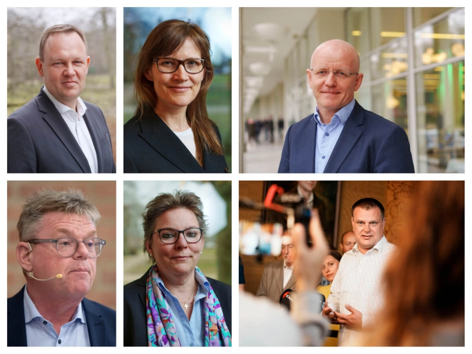 Blandt borgmestrene, der står i spidsen for budgetforlig med skattestigninger er Jesper Frost Rasmussen (øverst til venstre) fra Esbjerg, Benedikte Kiær fra Helsingør, Torben Hansen fra Randers (nederst til venstre) og Ann Sofie Orth fra Rudersdal. På den anden side sænkes skatten hos Michael Fenger (øverst til højre) i Gentofte Kommune og Lars Weiss i København.