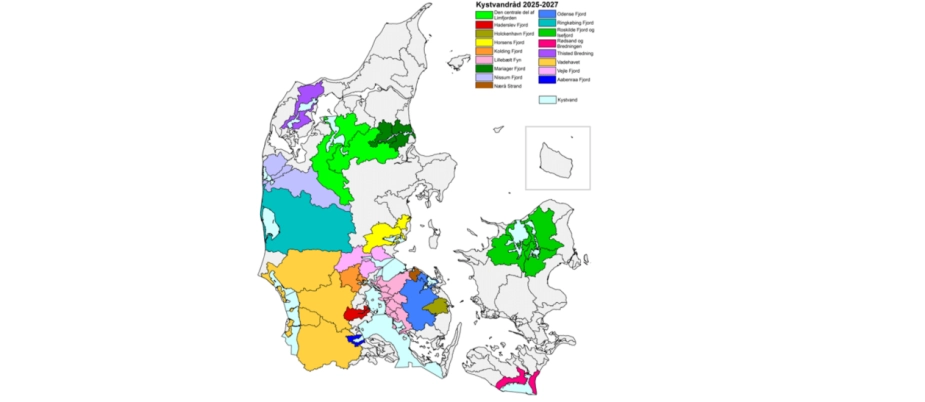 17 kystvandråd skal give råd og vejledning til arbejdet i lokale treparter frem til 2027. Kilde: Styrelsen for Grøn Arealomlægning og Vandmiljø.