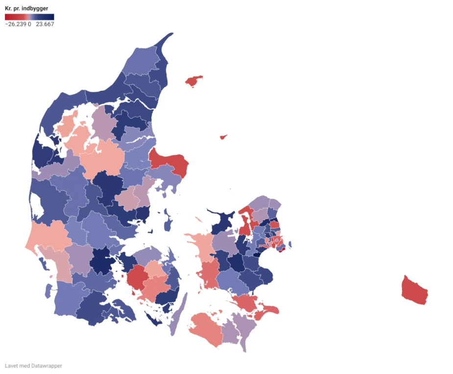 Kortet viser udviklingen fra 2019 til 2023 i kommunernes udgifter til beskæftigelsesindsatsen pr. borger på offentlig forsørgelse (opgjort som fuldtidsperson.