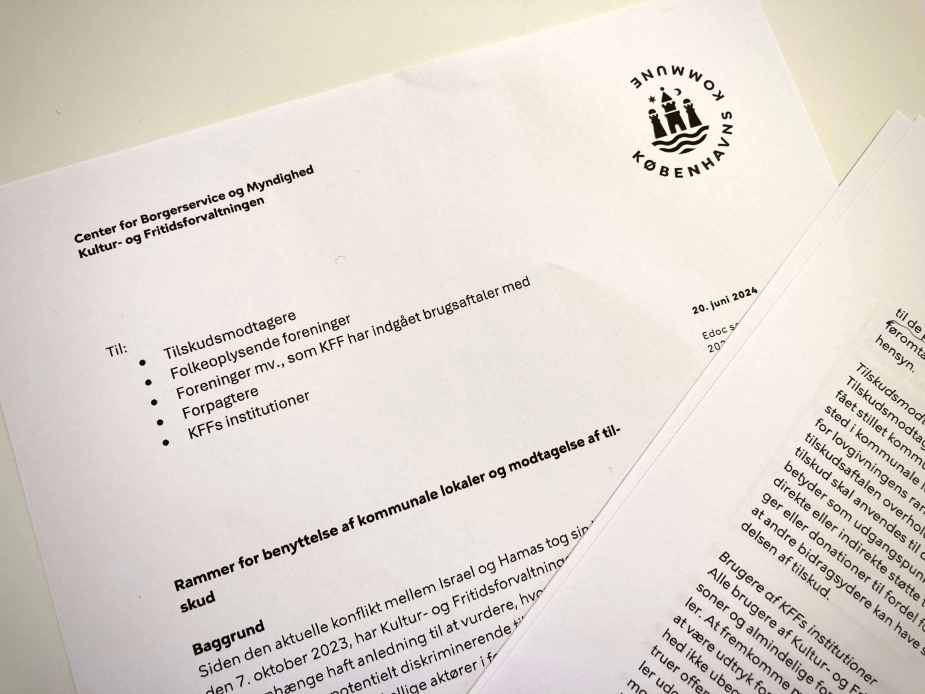 Kultur- og Fritidsforvaltningen sendte brevet om rammerne for at benytte kommunale lokaler i juni, efter at Ankestyrelsens kommunale tilsyn havde præciseret, i hvilken grad kommunerne kan engagere sig i udenrigspolitiske anliggender.