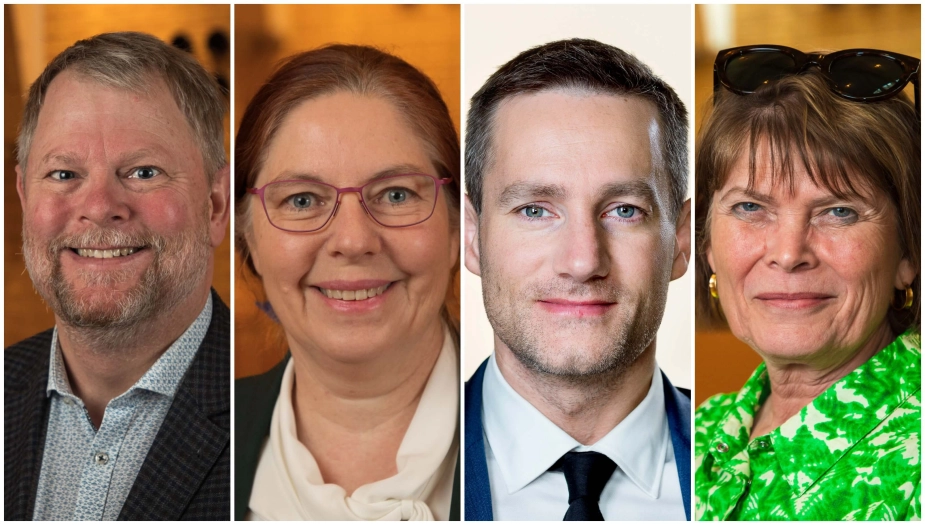 Der er et væld af kandidater til borgmesterposten i Roskilde. Både V-byrod Jette Tjørnelund (midt tv.), folketingspolitiker for K Rasmus Jarlov (midt th.) og SF-byrod Tina Boel (yderst th.) udfordrer siddende S-borgmester Tomas Breddam (yderst tv.).