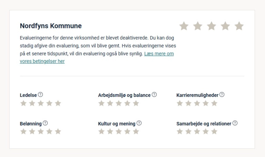 Sådan ser det ud på Jobindex, hvis man forsøger at finde evalueringer af kommunen som arbejdsplads.