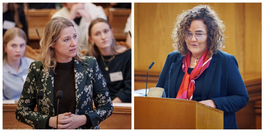 Social- og boligminister Sophie Hæstorp Andersen (tv.) vil fremsætte fire lovforslag på socialområdet efter deadlinen 1. april. Det møder kritik fra Folketingets Socialudvalg og udvalgsformand Nanna W. Gotfredsen th.)