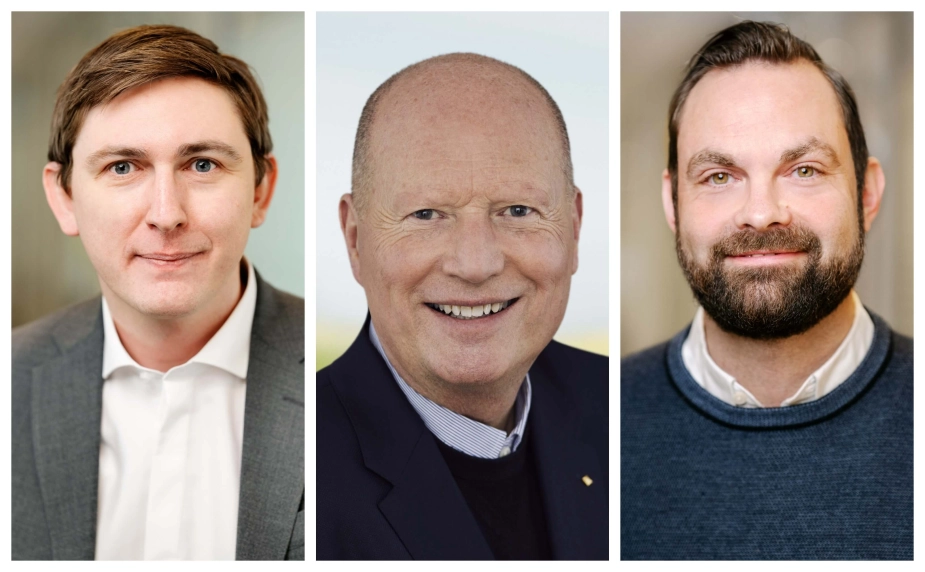 Der er lagt op til et konstitueringsdrama i Solrød, hvor siddende LA-borgmester Emil Blücher (tv.) udfordres af V-spids Kim Kliver (mf.) og K-byrod Morten Scheelsbeck (th.).