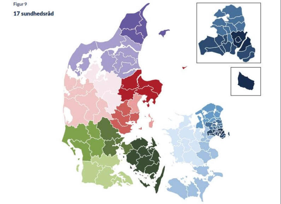 Regeringen foreslår at fordele de 17 sundhedsråd på denne måde: To i Region Nordjylland, fem i Region Midtjylland, fire i Region Syddanmark og seks i den fremtidige Region Østdanmark.