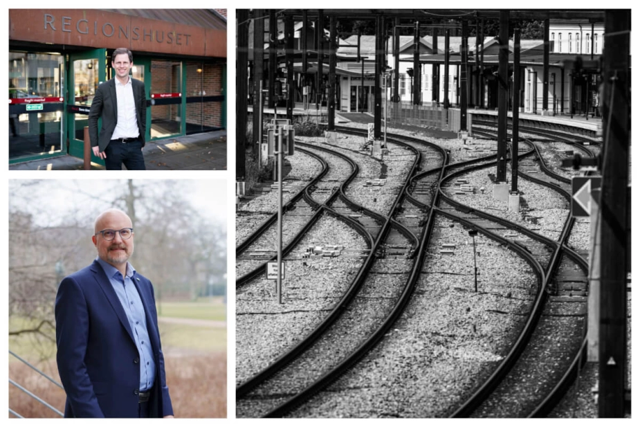 V-borgmester i Rebild Kommune, Jesper Greth (nederst), har kæmpet for at bevare et topstop i kommunen. Ny plan tilgodeser andre byer og DSB's mulighed for at køre hurtigere til og Aalborg. Regionsrådet under ledelse af formand Mads Duedahl (V, øverst) træffer den afgørende beslutning i dag.