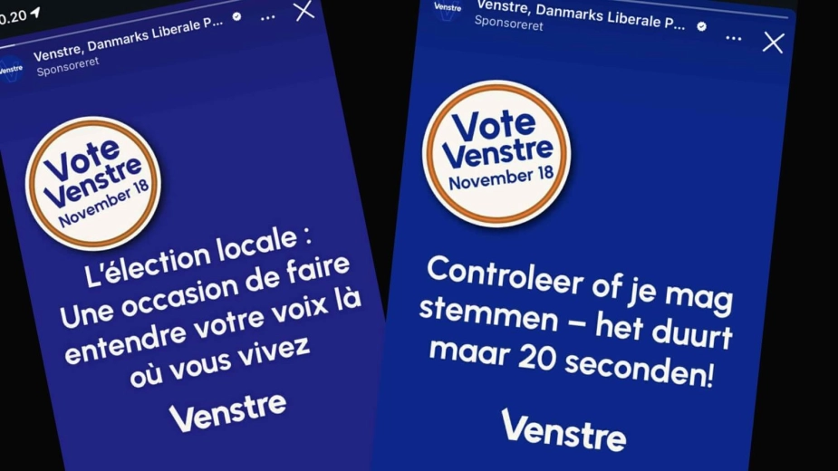 Venstre vil nå de internationale vælgere med annoncer på flere sprog. Her eksempler på fransk og hollandsk.