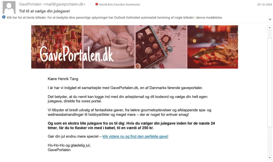 Her ses den mail som kommunen sendte ud til medarbejdere som en phishing-mail, der skal skærpe fokus på IT-sikkerhed.