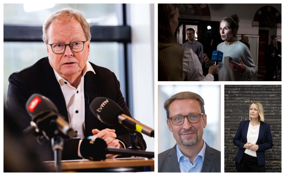 Både formand for KL's Socialudvalg Ulrik Wilbek (tv,), socialborgmester Karina Vestergård Madsen (øverst th), formand for Kommunale Velfærdschefer, Jakob Bigum Lundberg og forkvinde for Dansk Socialrådgiverforening, Signe Færch (nederst th), hæfter sig ved værdighedsreformens Gadens Huse.